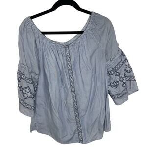 St. John’s Bay Blue White Striped Top sz Medium Off Shoulder Flare Sleeve Blouse